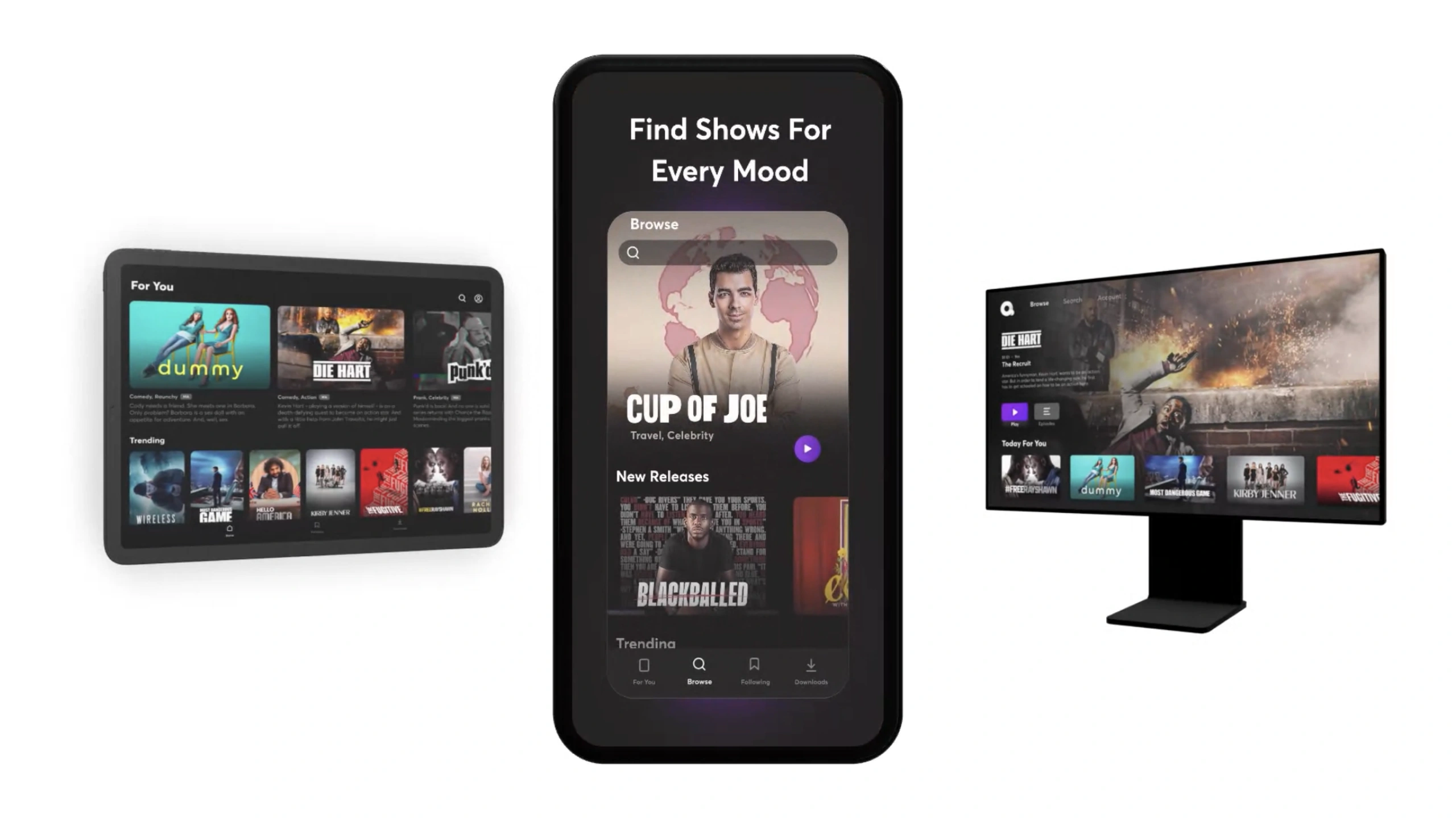 Quibi apps on phone, tablet and television