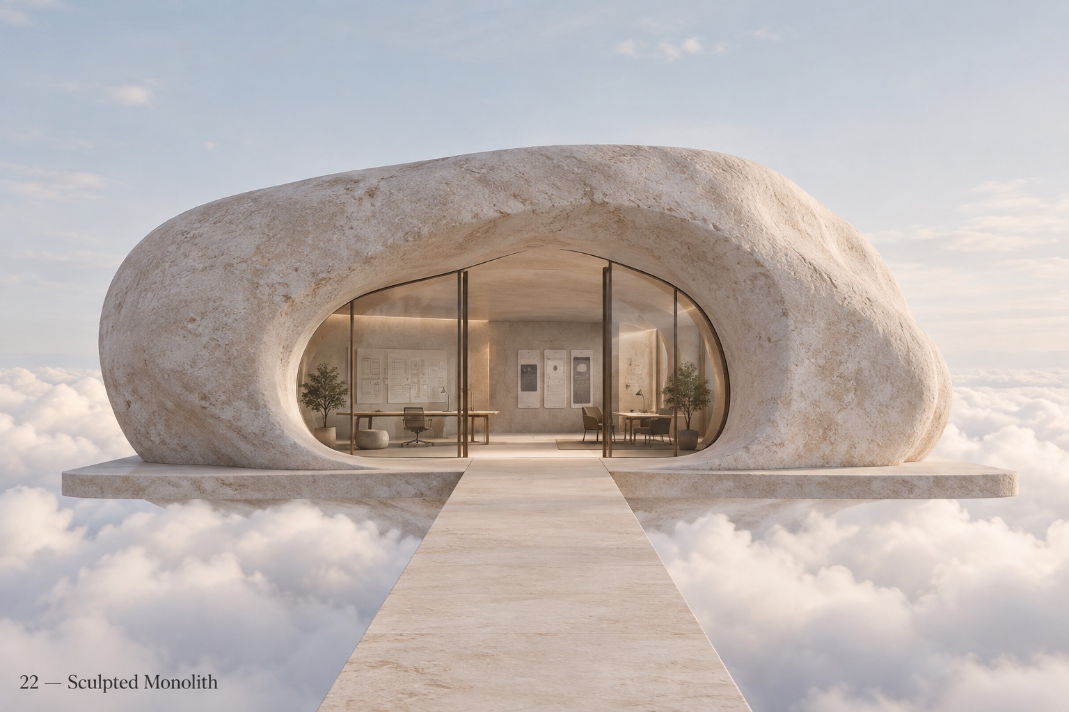 The Sculpted Monolith design studio above the clouds, approached along a centered stone pathway.